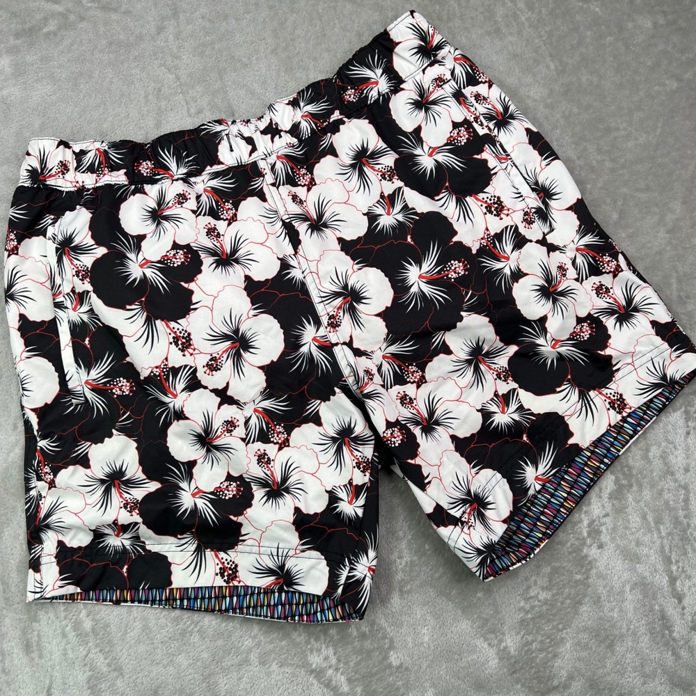 Robert Graham Board Shorts Mens 34 Black White Hibiscus Floral Brief Mesh Liner